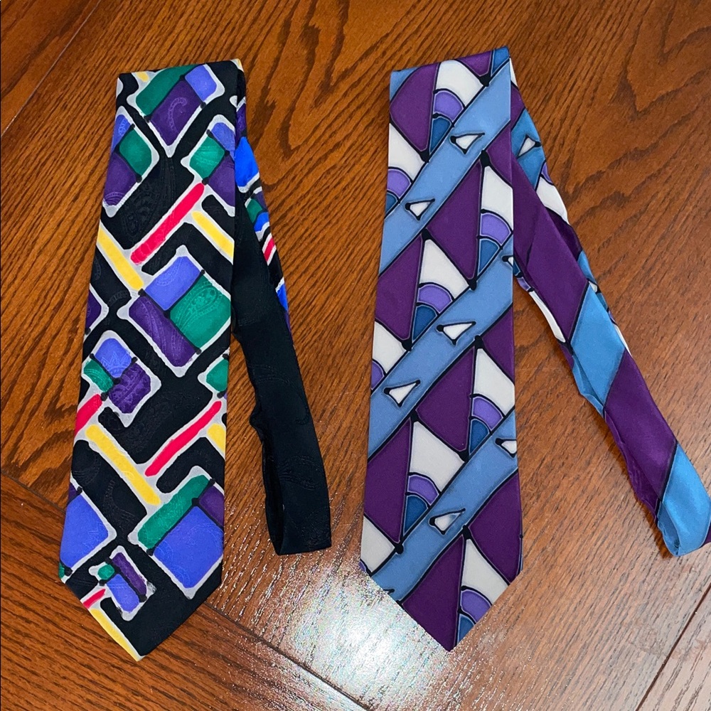 Robert Daskai Multicolor and Purple Geometric 100% Silk Tie Bundle of 2